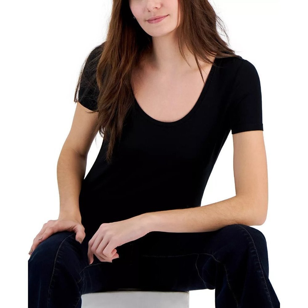 INC INTERNATIONAL CONCEPTS Women's Scoop-Neck T-Shirt in Deep Black Size…